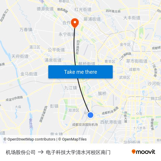 机场股份公司 to 电子科技大学清水河校区南门 map