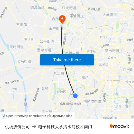 机场股份公司 to 电子科技大学清水河校区南门 map