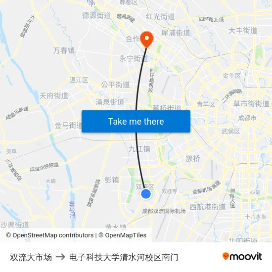 双流大市场 to 电子科技大学清水河校区南门 map