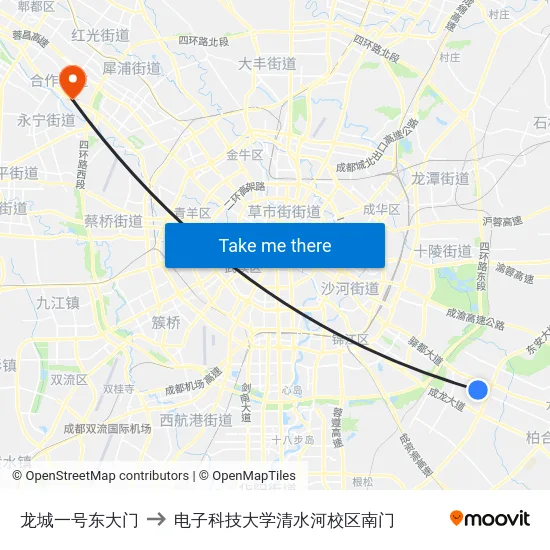 龙城一号东大门 to 电子科技大学清水河校区南门 map