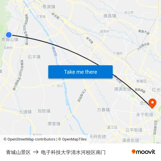 青城山景区 to 电子科技大学清水河校区南门 map