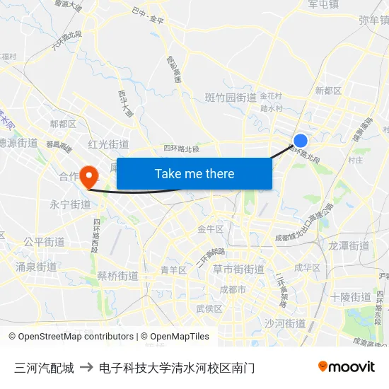 三河汽配城 to 电子科技大学清水河校区南门 map