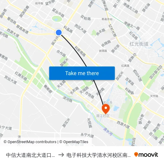 中信大道南北大道口站 to 电子科技大学清水河校区南门 map