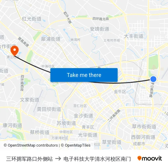 三环拥军路口外侧站 to 电子科技大学清水河校区南门 map