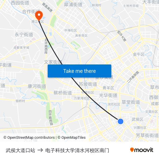 武侯大道口站 to 电子科技大学清水河校区南门 map