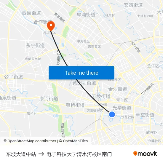 东坡大道中站 to 电子科技大学清水河校区南门 map