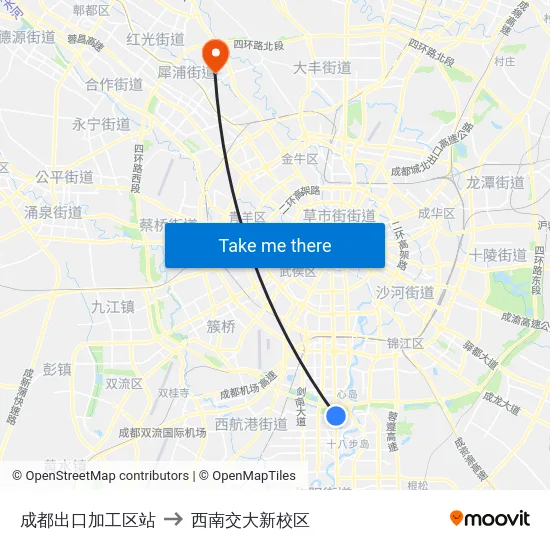 成都出口加工区站 to 西南交大新校区 map