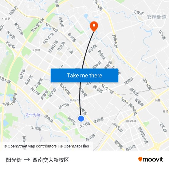 阳光街 to 西南交大新校区 map