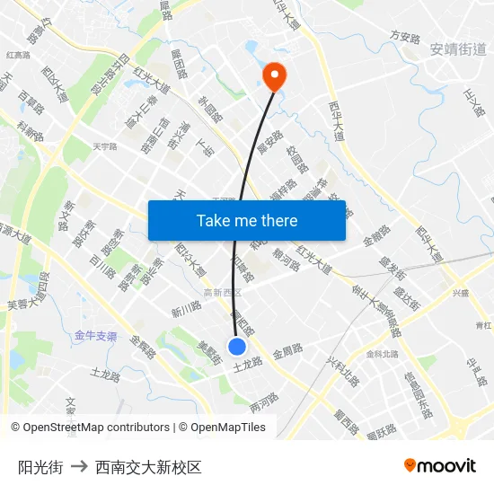 阳光街 to 西南交大新校区 map
