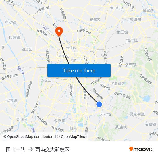 团山一队 to 西南交大新校区 map