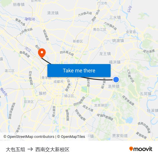 大包五组 to 西南交大新校区 map