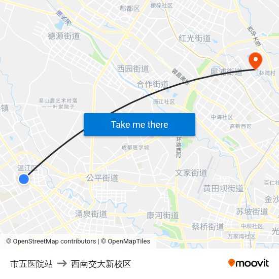 市五医院站 to 西南交大新校区 map