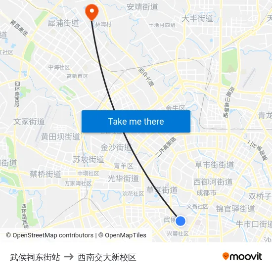 武侯祠东街站 to 西南交大新校区 map