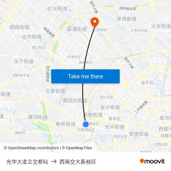 光华大道立交桥站 to 西南交大新校区 map