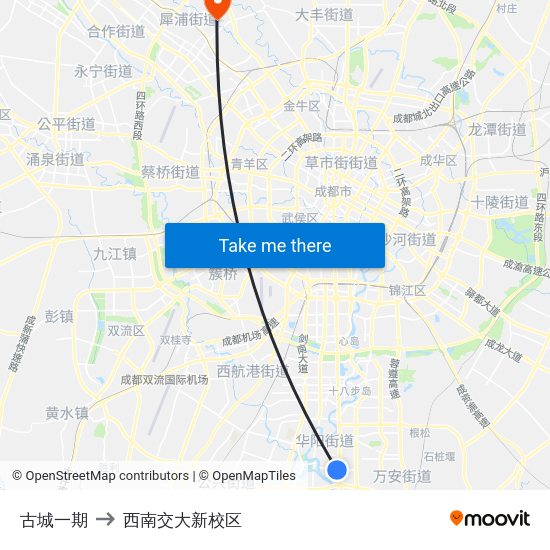 古城一期 to 西南交大新校区 map