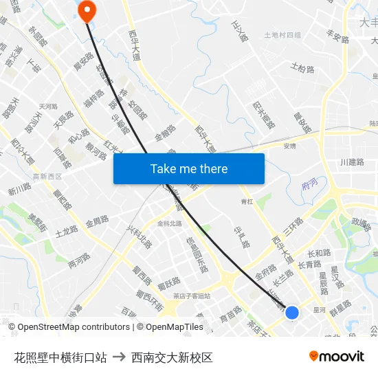 花照壁中横街口站 to 西南交大新校区 map