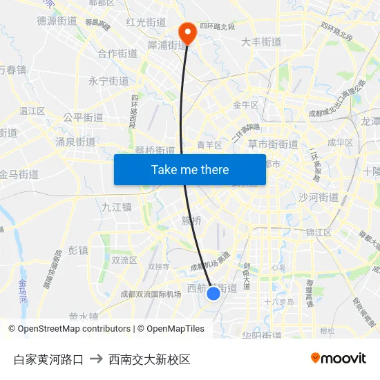 白家黄河路口 to 西南交大新校区 map