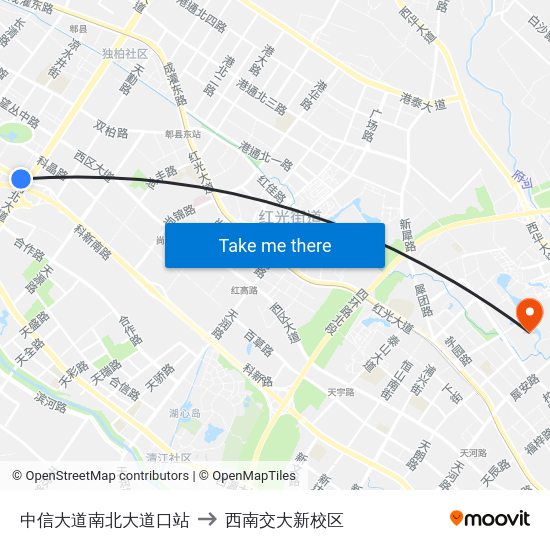 中信大道南北大道口站 to 西南交大新校区 map