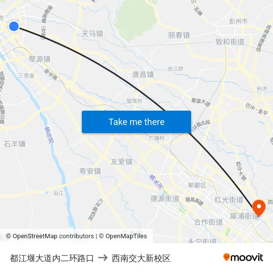 都江堰大道内二环路口 to 西南交大新校区 map