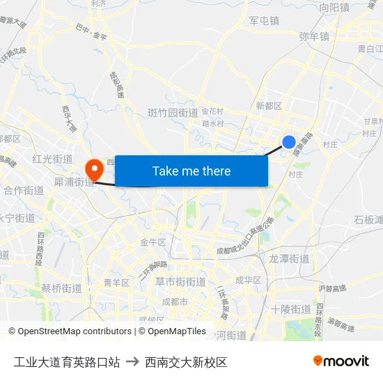 工业大道育英路口站 to 西南交大新校区 map