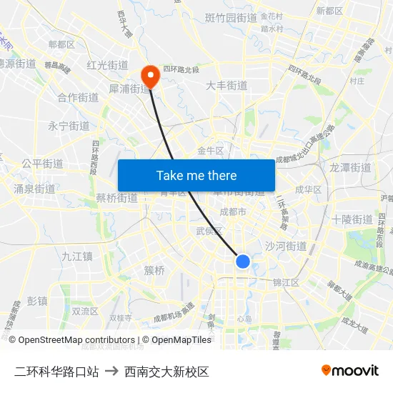 二环科华路口站 to 西南交大新校区 map