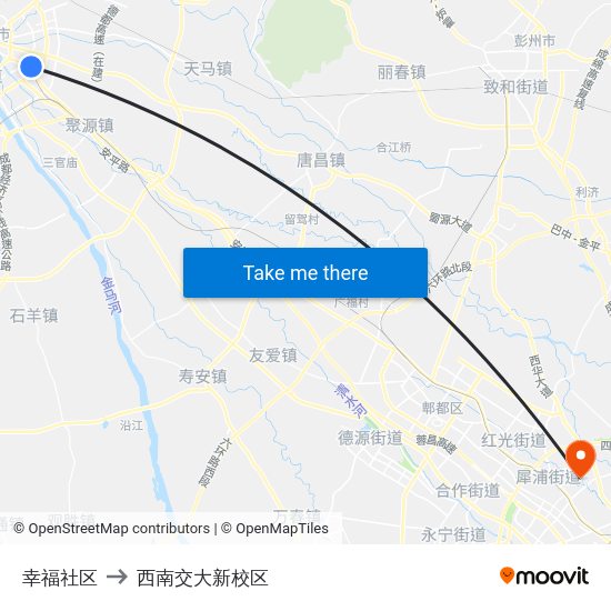 幸福社区 to 西南交大新校区 map