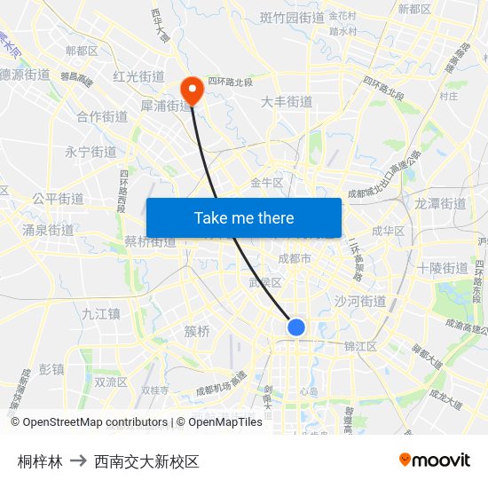 桐梓林 to 西南交大新校区 map