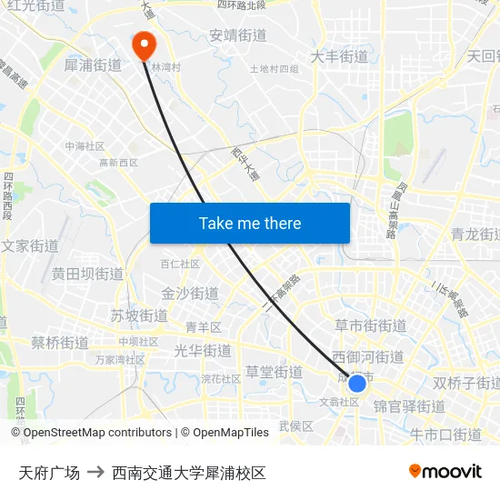 天府广场 to 西南交通大学犀浦校区 map