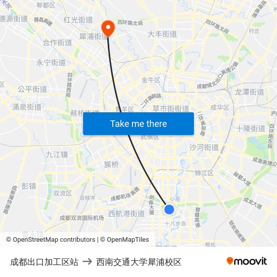 成都出口加工区站 to 西南交通大学犀浦校区 map