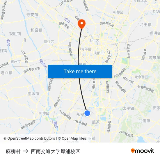 麻柳村 to 西南交通大学犀浦校区 map