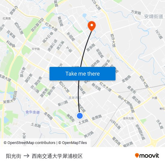 阳光街 to 西南交通大学犀浦校区 map