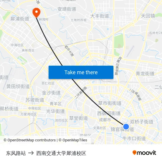 东风路站 to 西南交通大学犀浦校区 map