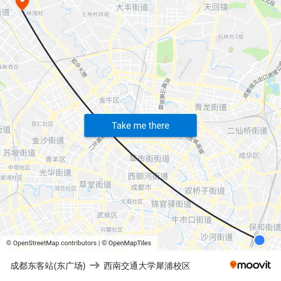 成都东客站(东广场) to 西南交通大学犀浦校区 map