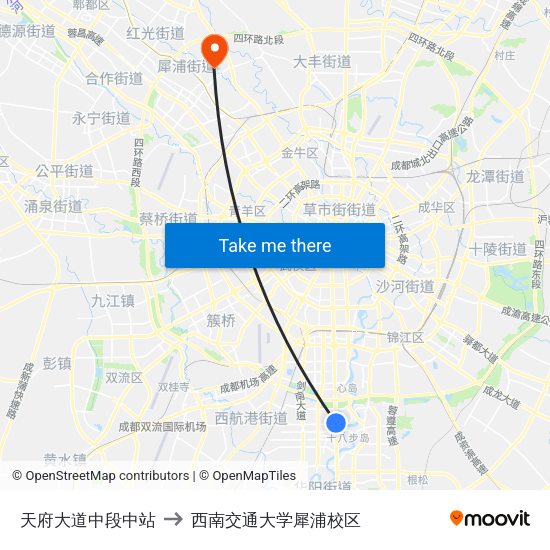 天府大道中段中站 to 西南交通大学犀浦校区 map