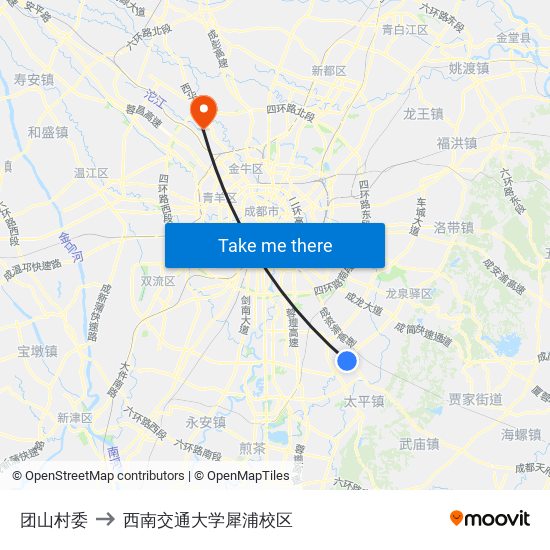 团山村委 to 西南交通大学犀浦校区 map