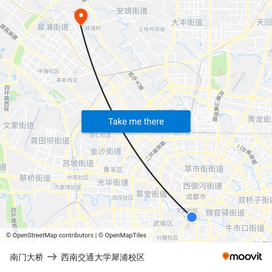 南门大桥 to 西南交通大学犀浦校区 map
