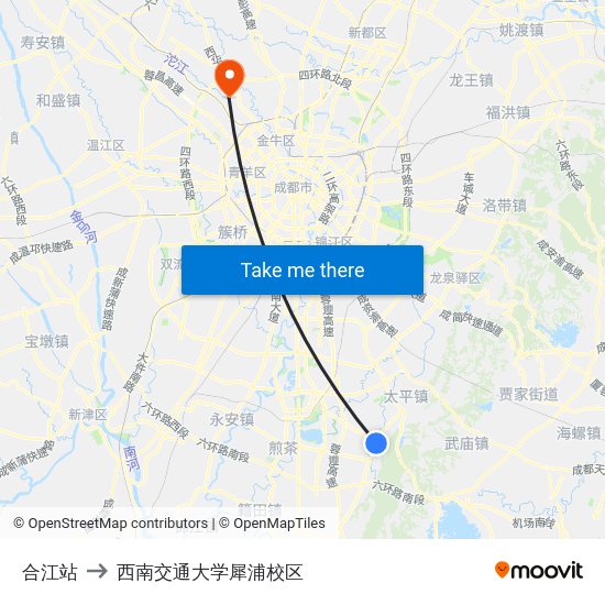 合江站 to 西南交通大学犀浦校区 map