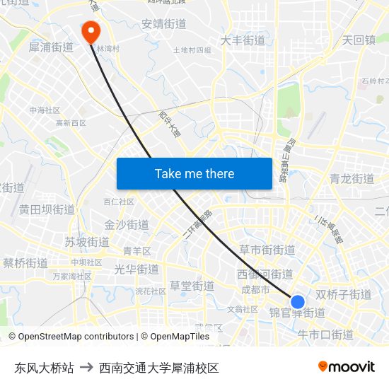 东风大桥站 to 西南交通大学犀浦校区 map