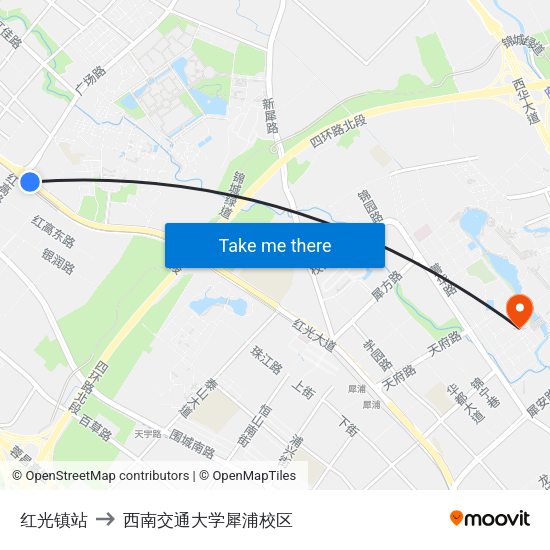 红光镇站 to 西南交通大学犀浦校区 map