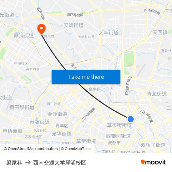 梁家巷 to 西南交通大学犀浦校区 map