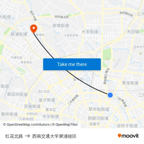 红花北路 to 西南交通大学犀浦校区 map