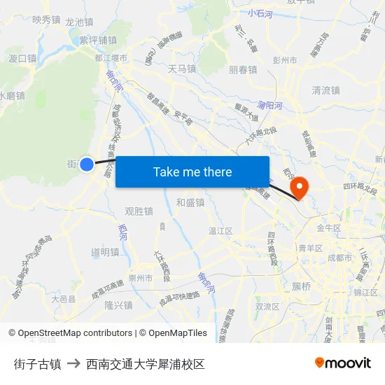 街子古镇 to 西南交通大学犀浦校区 map