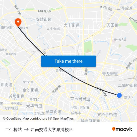 二仙桥站 to 西南交通大学犀浦校区 map