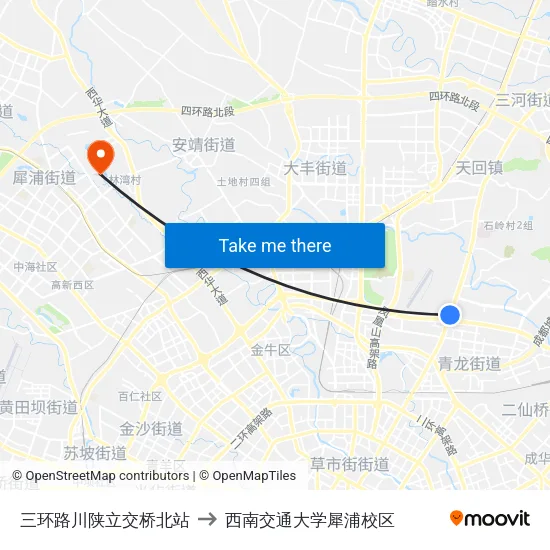 三环路川陕立交桥北站 to 西南交通大学犀浦校区 map