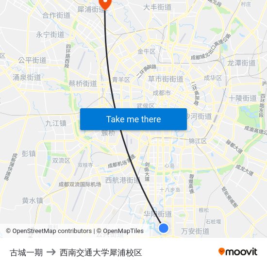 古城一期 to 西南交通大学犀浦校区 map