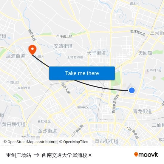 雷剑广场站 to 西南交通大学犀浦校区 map