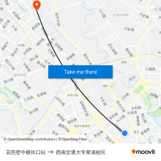 花照壁中横街口站 to 西南交通大学犀浦校区 map