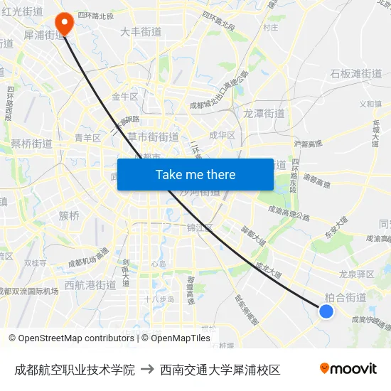 成都航空职业技术学院 to 西南交通大学犀浦校区 map
