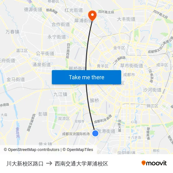 川大新校区路口 to 西南交通大学犀浦校区 map