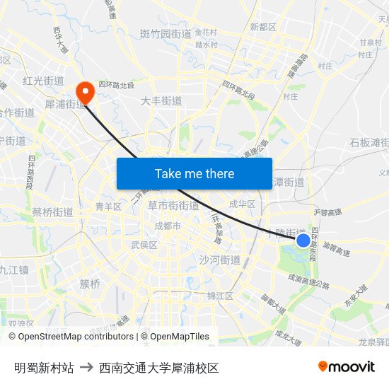 明蜀新村站 to 西南交通大学犀浦校区 map